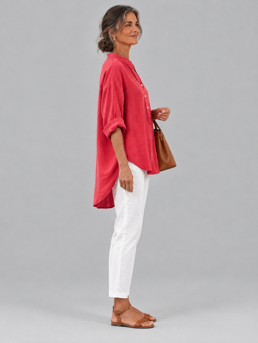 Veronique cotton linen blouse in watermelon pink, side view