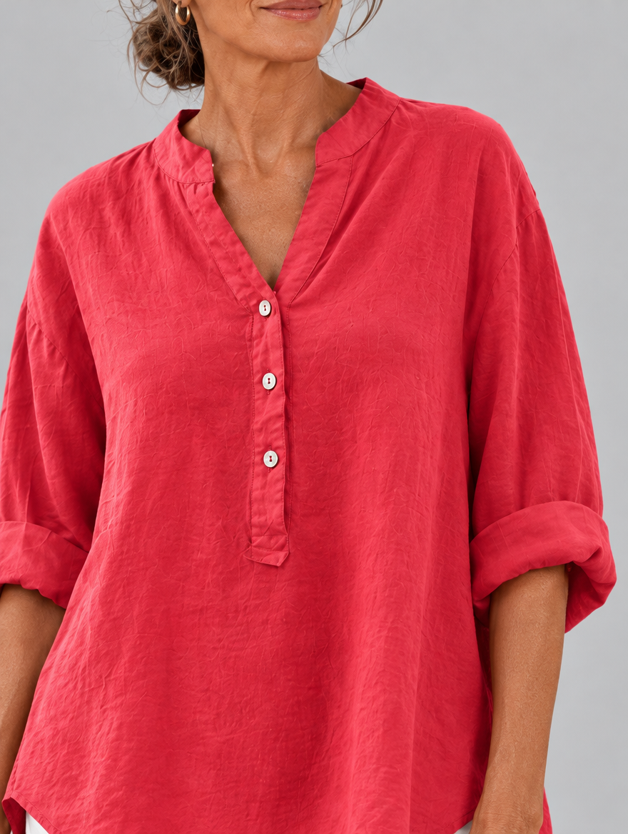 Veronique cotton linen blouse in watermelon pink, close up of neckline and button placket