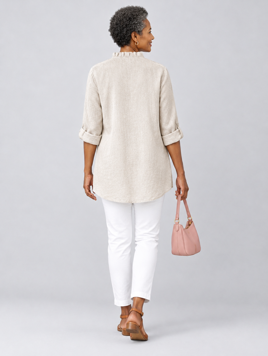 Luisa ruffled linen blouse in beige, back view