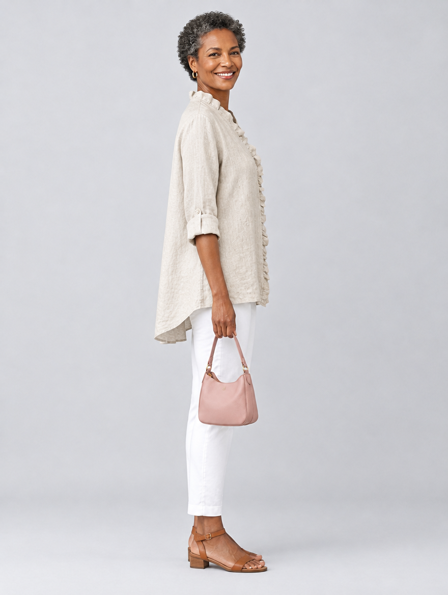 Luisa ruffled linen blouse in beige, side view
