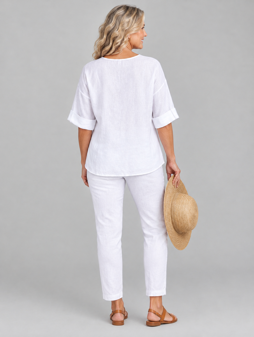 Zamma linen V neck top in white, back view