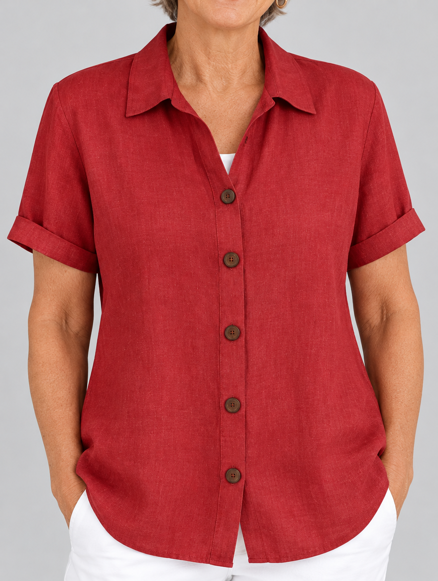 Thessaly linen button up shirt in red, close up of collar and buttons