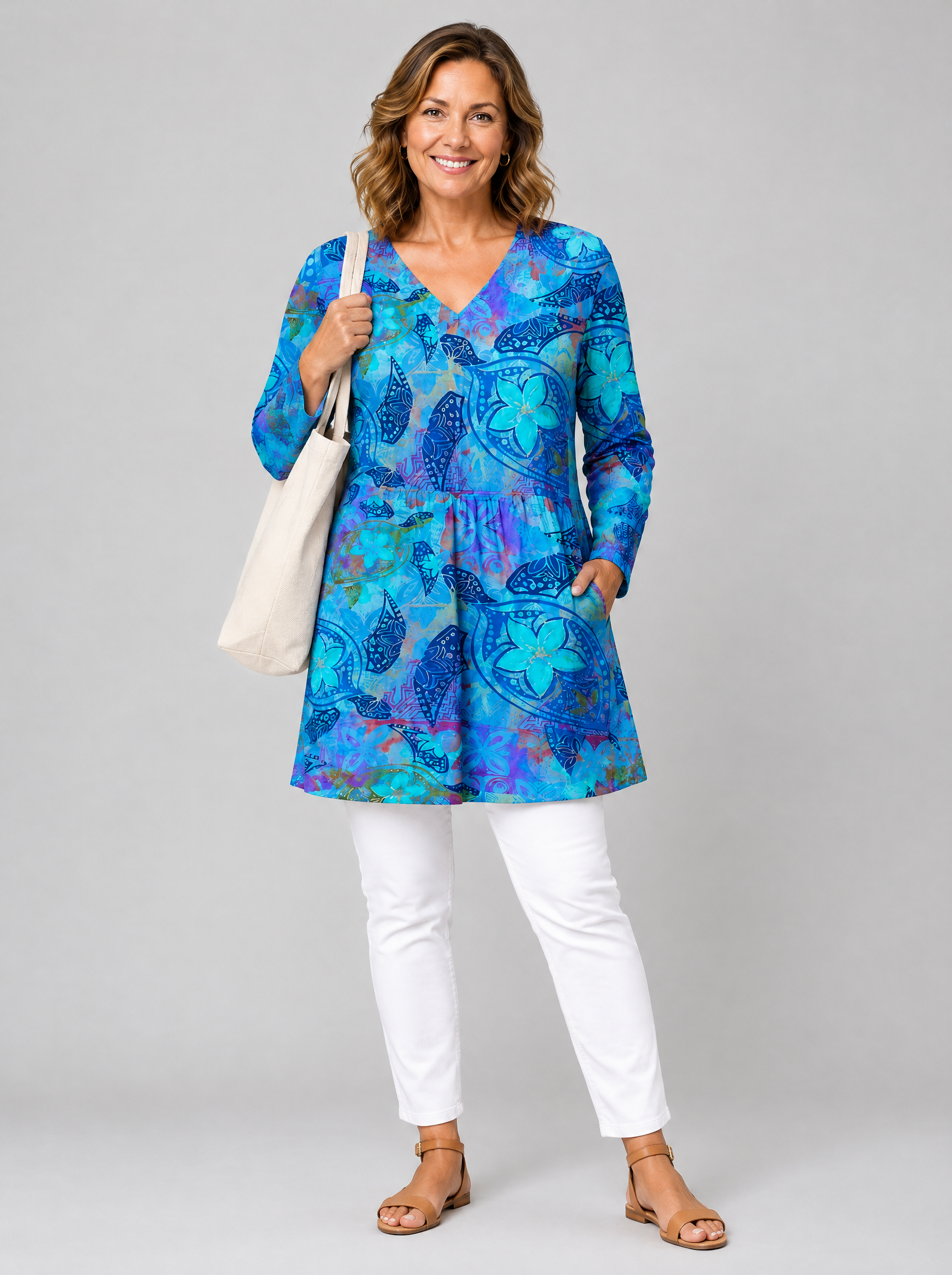 April long blouse in blue sea turtle and frangipani print, front view