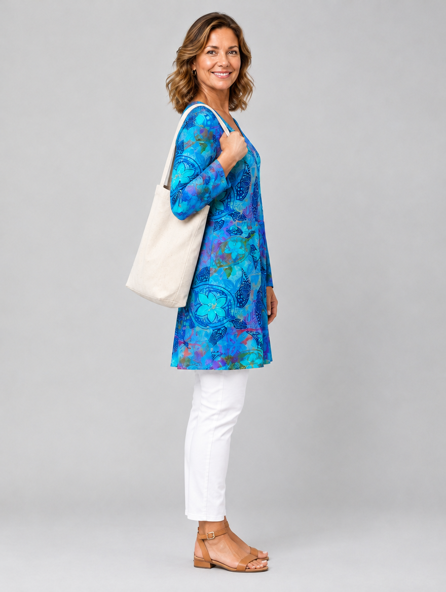 April long blouse in blue sea turtle and frangipani print, side view