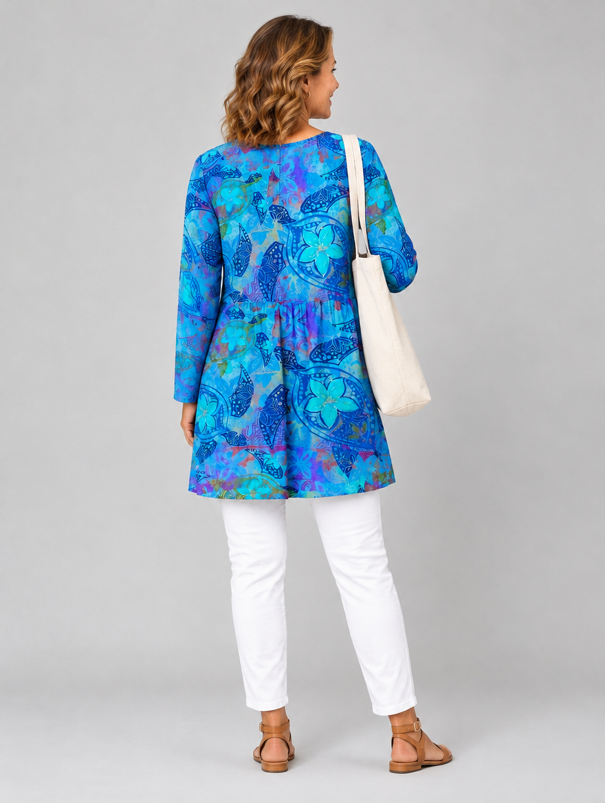 April long blouse in blue sea turtle and frangipani print, back view