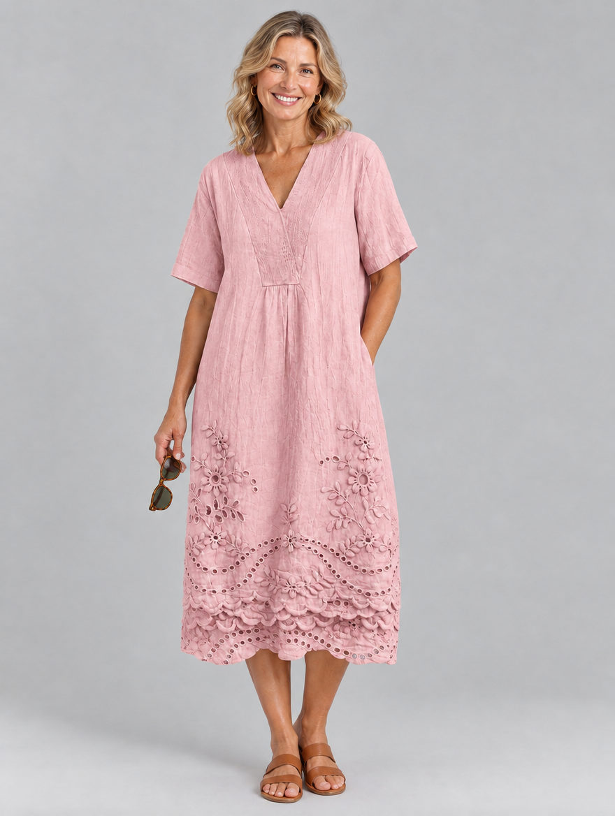 Harper eyelet midi dress in pink, front view