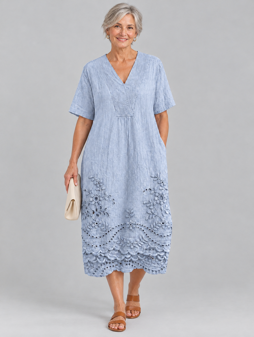 Harper eyelet midi dress in blue, front view