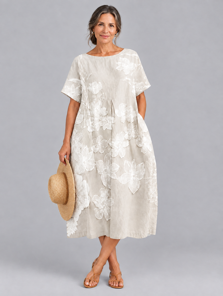 Aurora printed dress in beige, front view